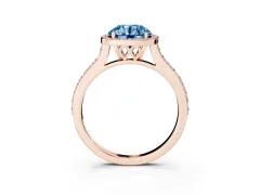 Fancy Blue Round Cut Diamond Halo Engagement Ring Set in Rose gold with Round Pavé Shoulders and Heart Gallery