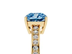 Fancy Blue Cushion Cut Diamond Pavé Band Prong Set Solitaire Ring Set in Yellow gold