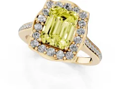 Fancy Yellow Emerald Cut Diamond Halo Ring Set in Yellow gold with Pavé-Lined Shoulders and Prong Setting
