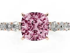 Fancy Pink Cushion Cut Diamond Solitaire Ring Set in Rose gold with Shared Prong Pavé Band