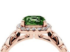 Fancy Green Cushion Cut Diamond Halo Ring Set in Rose gold with Filigree Leaf Band and Prong Setting
