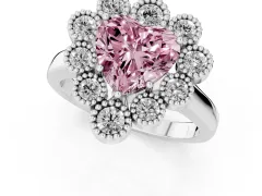 Fancy Pink Heart Cut Diamond Cluster Halo Ring Set in Silver with Milgrain Bezel Accents and Plain Band