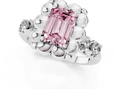 Fancy Pink Emerald Cut Diamond Floral Halo Ring Set in Platinum with Shared Prong Band