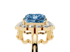 Fancy Blue Princess Cut Diamond Halo Cluster Engagement Ring Set in Yellow gold with Solitaire Band and Prong Setting