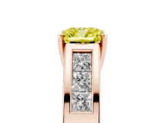 Fancy Yellow Cushion Cut Diamond Solitaire Ring Set in Rose gold with Channel-Set Accent Stones and Prong Setting