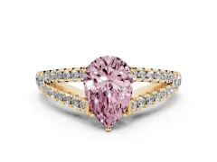Fancy Pink Pear Cut Diamond Split Shank Pavé Engagement Ring Set in Yellow gold with Prong-Held Center Stone