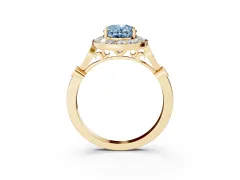 Fancy Blue Oval Cut Diamond Halo Engagement Ring Set in Yellow gold with Twisted Band and Prong Setting