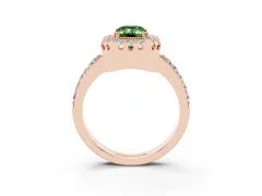 Fancy Green Emerald Cut Diamond Halo Ring Set in Rose gold with Pavé Shank and Prong Setting