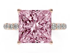 Fancy Pink Princess Cut Diamond Solitaire Engagement Ring Set in Rose gold with Round Pavé Band and Prong Setting