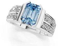 Fancy Blue Emerald Cut Diamond Wide Channel Set Band Ring Set in Silver with Bezel Setting