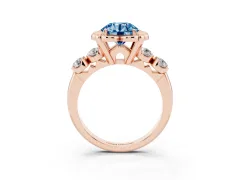 Fancy Blue Round Cut Diamond Floral Halo Ring Set in Rose gold with Shared Prong Band
