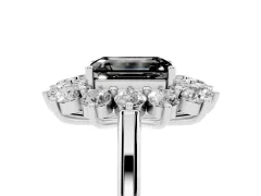 Fancy Black Emerald Cut Diamond Floral Double Halo Ring Set in Silver with Round Petals