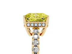 Fancy Yellow Radiant Cut Diamond Solitaire Engagement Ring Set in Yellow gold with Pavé Band and Prong Setting