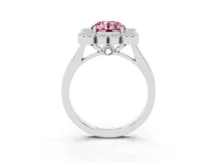 Fancy Pink Round Cut Diamond Cluster Halo Ring Set in White gold with Milgrain Bezel Accents and Plain Band
