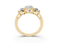 Cushion Cut Diamond Three-Stone Ring Set in Yellow gold with Round Side Stones and Classic Band