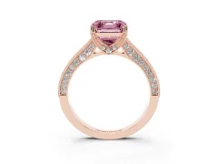 Fancy Pink Asscher Cut Diamond Solitaire Ring Set in Rose gold with Milgrain-Edged Pavé Band and Prong Setting