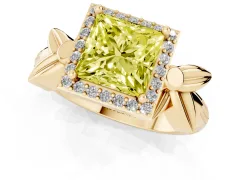 Fancy Yellow Princess Cut Diamond Halo Floral Band Ring Set in Yellow gold with Prong Setting