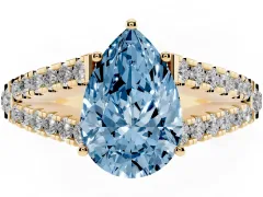 Fancy Blue Pear Cut Diamond Split Shank Pavé Engagement Ring Set in Yellow gold with Prong-Held Center Stone