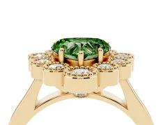 Fancy Green Heart Cut Diamond Cluster Halo Ring Set in Yellow gold with Milgrain Bezel Accents and Plain Band