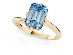 Fancy Blue Emerald Cut Diamond Solitaire Engagement Ring Set in Yellow gold with Classic Plain Band