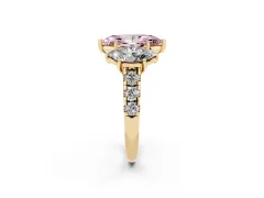 Fancy Pink Marquise Cut Diamond Three-Stone Ring Set in Yellow gold with Pavé Band