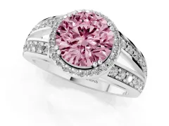 Fancy Pink Round Cut Diamond Halo Ring Set in Silver with Double Pavé Split Shank
