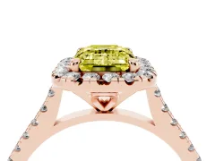 Fancy Yellow Emerald Cut Diamond Cushion Halo Ring Set in Rose gold with Pavé Band