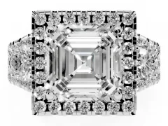 Asscher Cut Diamond Halo Split Shank Ring Set in Platinum with Round Accent Stones and Prong Setting