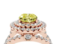 Fancy Yellow Oval Cut Diamond Double Halo Ring Set in Rose gold with Round Pavé Split Shank