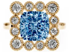 Fancy Blue Cushion Cut Diamond Cluster Halo Ring Set in Yellow gold with Milgrain Bezel Accents and Plain Band