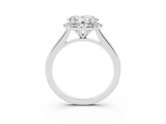 Oval Cut Diamond Halo Engagement Ring Set in White gold with Pavé Band and Rising Shoulders