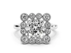 Cushion Cut Diamond Cluster Halo Ring Set in White gold with Milgrain Bezel Accents and Plain Band