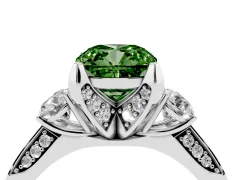 Fancy Green Cushion Cut Diamond Three-Stone Ring Set in Silver with Pavé Band and Smaller Side Stones
