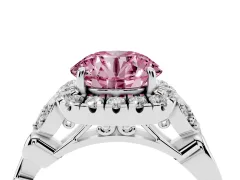 Fancy Pink Round Cut Diamond Halo Engagement Ring Set in White gold with Vintage-Inspired Band and Prong Setting