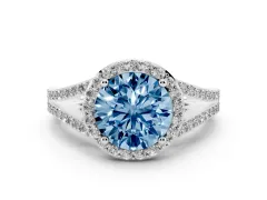 Fancy Blue Round Cut Diamond Halo Split Shank Ring Set in Silver with Accent Stones and Prong Setting