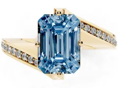 Fancy Blue Emerald Cut Diamond Solitaire Ring Set in Yellow gold with Intertwined Pavé Twist Band