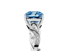Fancy Blue Cushion Cut Diamond Vine Band Solitaire Ring Set in Silver with Milgrain Prong Setting
