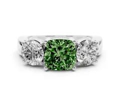 Fancy Green Cushion Cut Diamond Three-Stone Ring Set in Platinum with Round Side Stones and Classic Band
