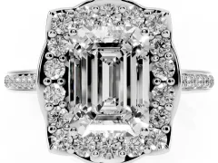 Emerald Cut Diamond Halo Ring Set in White gold with Pavé-Lined Shoulders and Prong Setting