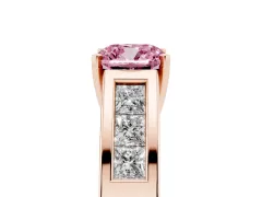 Fancy Pink Cushion Cut Diamond Solitaire Ring Set in Rose gold with Channel-Set Accent Stones and Prong Setting