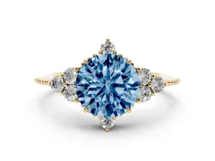 Fancy Blue Round Cut Diamond Cluster Ring Set in Yellow gold with Beaded Band