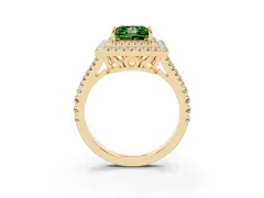 Fancy Green Princess Cut Diamond Double Halo Ring Set in Yellow gold with Pavé Band