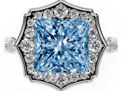 Fancy Blue Princess Cut Diamond Halo Engagement Ring Set in Platinum with Milgrain Band and Prong Setting