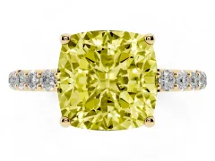 Fancy Yellow Cushion Cut Diamond Solitaire Engagement Ring Set in Yellow gold with Round Pavé Band and Prong Setting