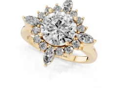 Round Cut Diamond Cluster Halo Ring Set in Yellow gold with Marquise and Round Accents