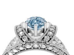 Fancy Blue Marquise Cut Diamond Milgrain Halo Pavé Engagement Ring Set in White gold with Prong Setting
