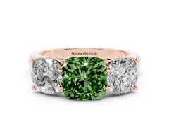 Fancy Green Cushion Cut Diamond Three-Stone Ring Set in Rose gold with Plain Polished Band