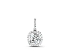 Cushion Diamond Halo Pendant Set in White gold with Prong-Set Center