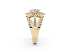 Oval Cut Diamond Double Halo Ring Set in Yellow gold with Round Pavé Split Shank