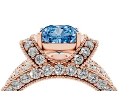 Fancy Blue Cushion Cut Diamond Milgrain Halo Pavé Engagement Ring Set in Rose gold with Prong Setting